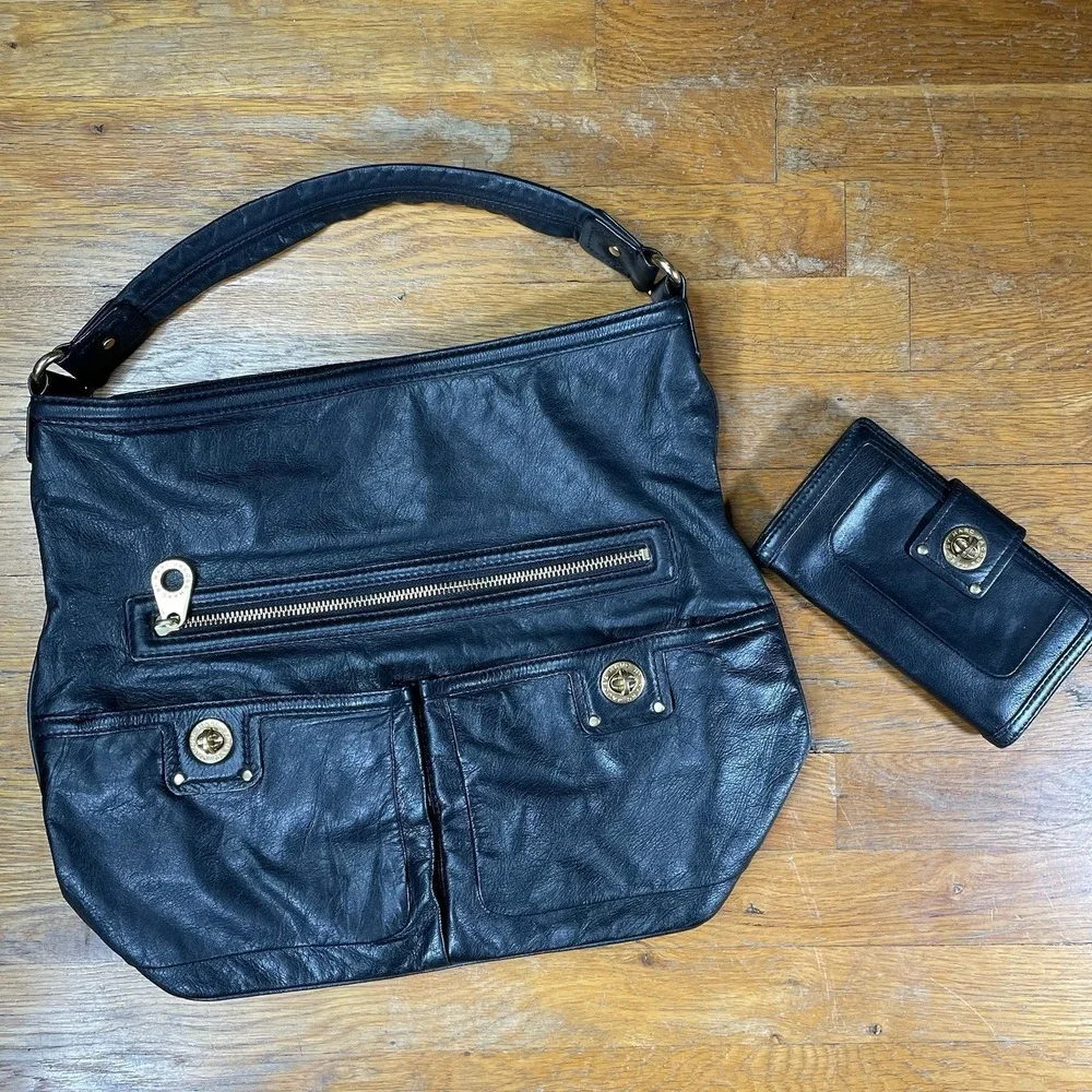 Marc Jacobs Hobo Shoulder Bag & Wallet Set Black Leather Turnlock Vintage Zip
